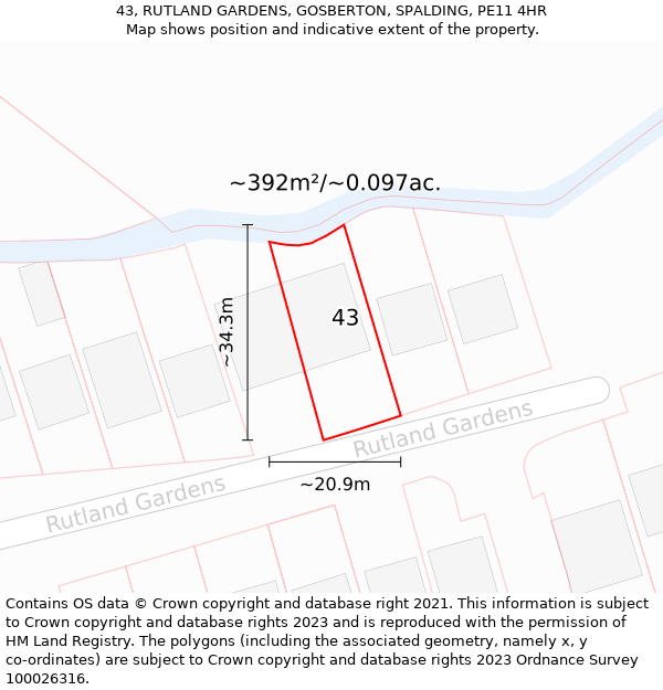 43, RUTLAND GARDENS, GOSBERTON, SPALDING, PE11 4HR: Plot and title map