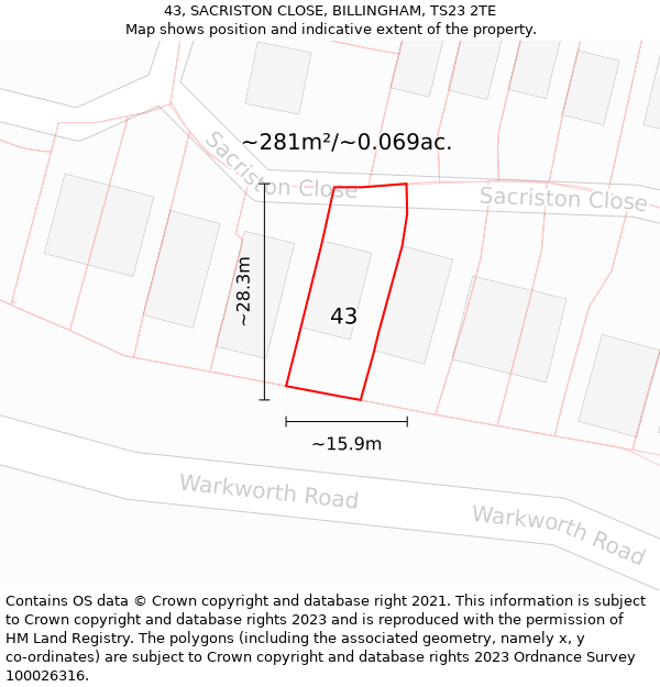 43, SACRISTON CLOSE, BILLINGHAM, TS23 2TE: Plot and title map