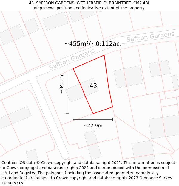 43, SAFFRON GARDENS, WETHERSFIELD, BRAINTREE, CM7 4BL: Plot and title map