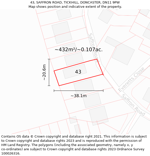 43, SAFFRON ROAD, TICKHILL, DONCASTER, DN11 9PW: Plot and title map