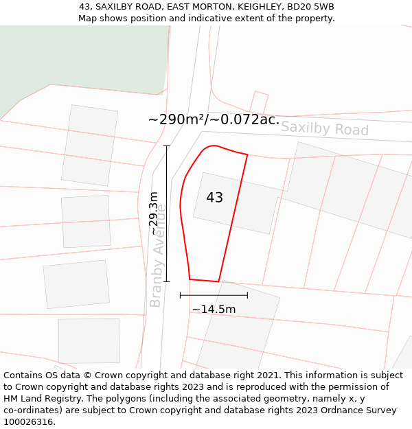 43, SAXILBY ROAD, EAST MORTON, KEIGHLEY, BD20 5WB: Plot and title map