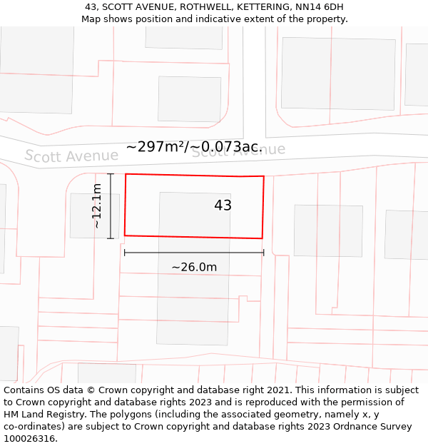 43, SCOTT AVENUE, ROTHWELL, KETTERING, NN14 6DH: Plot and title map