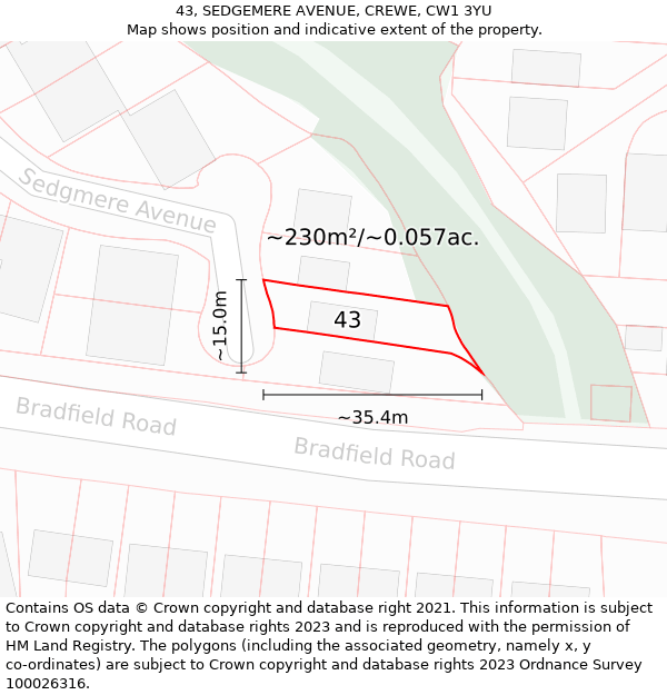 43, SEDGEMERE AVENUE, CREWE, CW1 3YU: Plot and title map