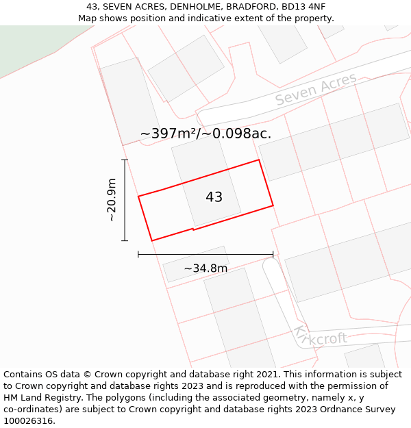43, SEVEN ACRES, DENHOLME, BRADFORD, BD13 4NF: Plot and title map