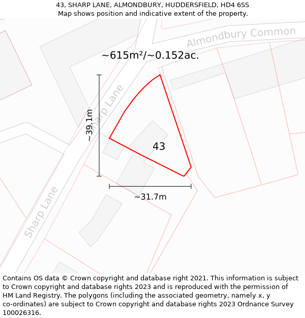 43, SHARP LANE, ALMONDBURY, HUDDERSFIELD, HD4 6SS: Plot and title map