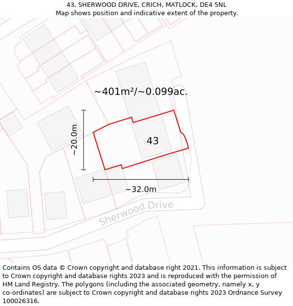 43, SHERWOOD DRIVE, CRICH, MATLOCK, DE4 5NL: Plot and title map