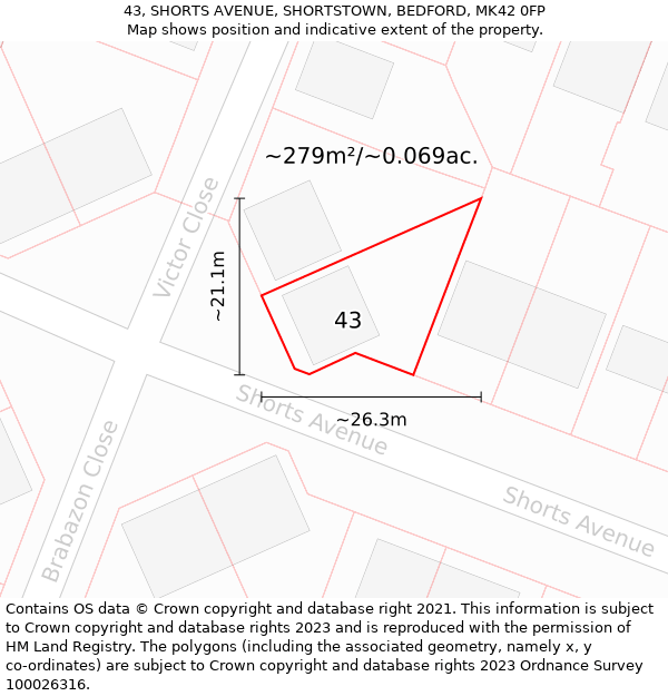 43, SHORTS AVENUE, SHORTSTOWN, BEDFORD, MK42 0FP: Plot and title map