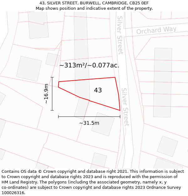 43, SILVER STREET, BURWELL, CAMBRIDGE, CB25 0EF: Plot and title map