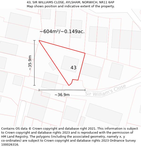 43, SIR WILLIAMS CLOSE, AYLSHAM, NORWICH, NR11 6AP: Plot and title map