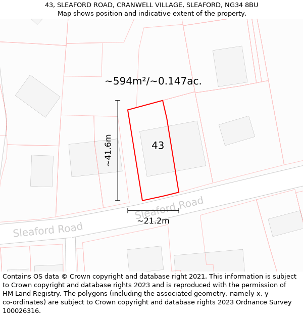 43, SLEAFORD ROAD, CRANWELL VILLAGE, SLEAFORD, NG34 8BU: Plot and title map