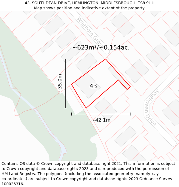 43, SOUTHDEAN DRIVE, HEMLINGTON, MIDDLESBROUGH, TS8 9HH: Plot and title map