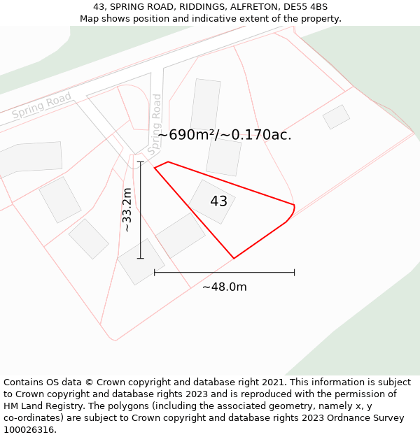 43, SPRING ROAD, RIDDINGS, ALFRETON, DE55 4BS: Plot and title map