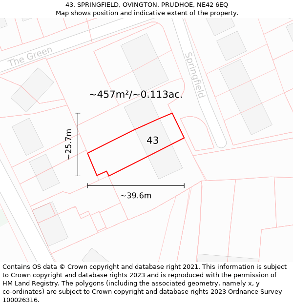 43, SPRINGFIELD, OVINGTON, PRUDHOE, NE42 6EQ: Plot and title map