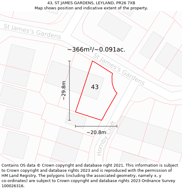 43, ST JAMES GARDENS, LEYLAND, PR26 7XB: Plot and title map
