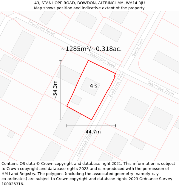 43, STANHOPE ROAD, BOWDON, ALTRINCHAM, WA14 3JU: Plot and title map