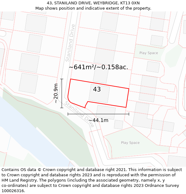 43, STANILAND DRIVE, WEYBRIDGE, KT13 0XN: Plot and title map