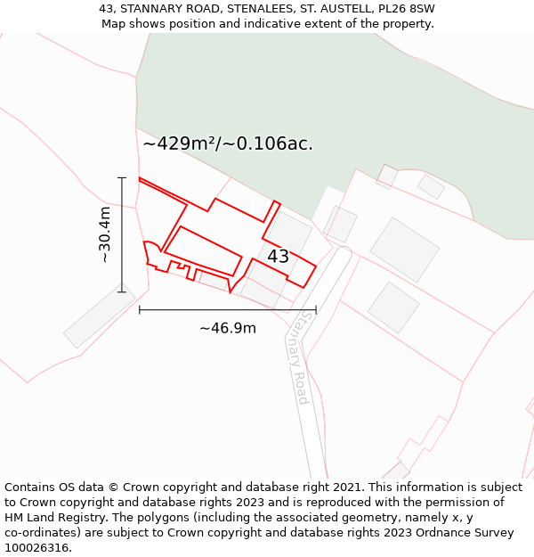 43, STANNARY ROAD, STENALEES, ST. AUSTELL, PL26 8SW: Plot and title map