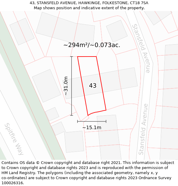 43, STANSFELD AVENUE, HAWKINGE, FOLKESTONE, CT18 7SA: Plot and title map