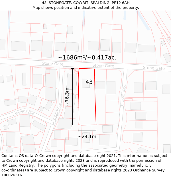 43, STONEGATE, COWBIT, SPALDING, PE12 6AH: Plot and title map