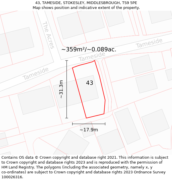 43, TAMESIDE, STOKESLEY, MIDDLESBROUGH, TS9 5PE: Plot and title map