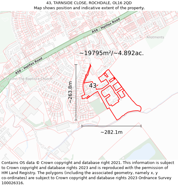 43, TARNSIDE CLOSE, ROCHDALE, OL16 2QD: Plot and title map