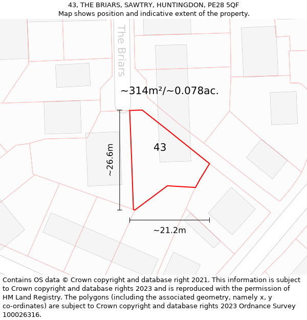 43, THE BRIARS, SAWTRY, HUNTINGDON, PE28 5QF: Plot and title map