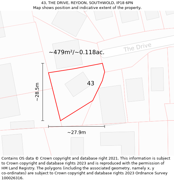 43, THE DRIVE, REYDON, SOUTHWOLD, IP18 6PN: Plot and title map