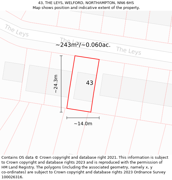 43, THE LEYS, WELFORD, NORTHAMPTON, NN6 6HS: Plot and title map