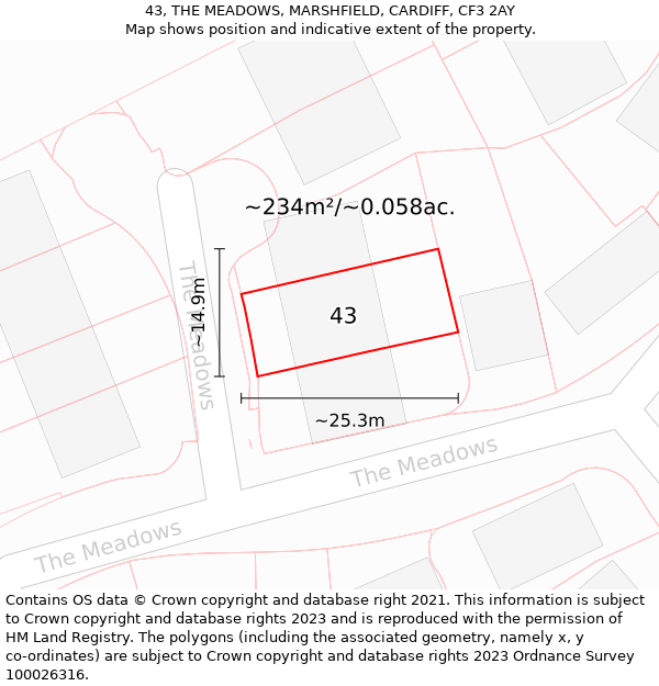 43, THE MEADOWS, MARSHFIELD, CARDIFF, CF3 2AY: Plot and title map