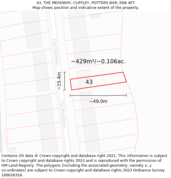 43, THE MEADWAY, CUFFLEY, POTTERS BAR, EN6 4ET: Plot and title map