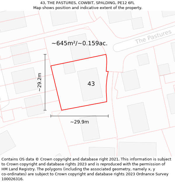 43, THE PASTURES, COWBIT, SPALDING, PE12 6FL: Plot and title map