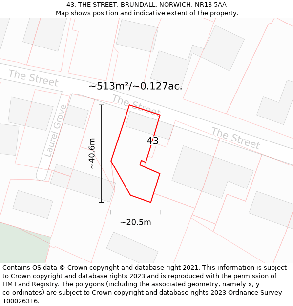 43, THE STREET, BRUNDALL, NORWICH, NR13 5AA: Plot and title map