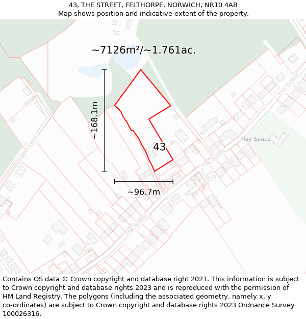 43, THE STREET, FELTHORPE, NORWICH, NR10 4AB: Plot and title map