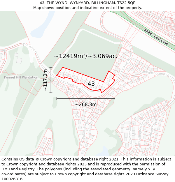 43, THE WYND, WYNYARD, BILLINGHAM, TS22 5QE: Plot and title map