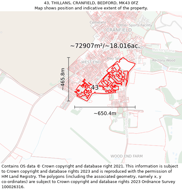 43, THILLANS, CRANFIELD, BEDFORD, MK43 0FZ: Plot and title map