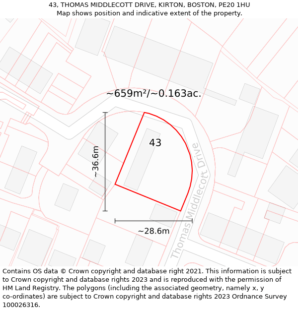 43, THOMAS MIDDLECOTT DRIVE, KIRTON, BOSTON, PE20 1HU: Plot and title map