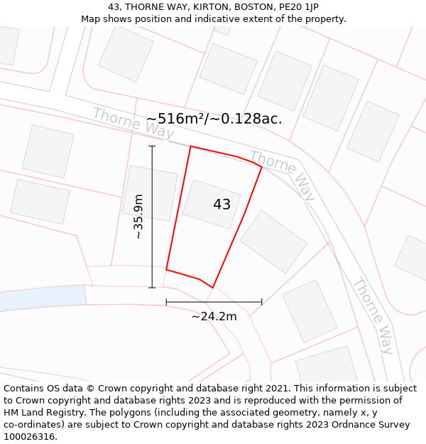 43, THORNE WAY, KIRTON, BOSTON, PE20 1JP: Plot and title map