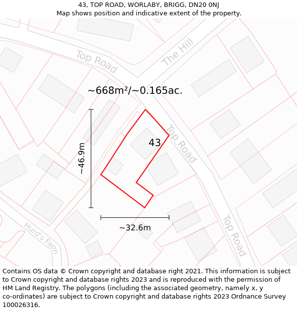 43, TOP ROAD, WORLABY, BRIGG, DN20 0NJ: Plot and title map