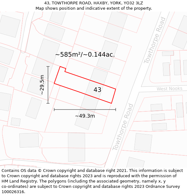 43, TOWTHORPE ROAD, HAXBY, YORK, YO32 3LZ: Plot and title map