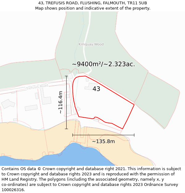 43, TREFUSIS ROAD, FLUSHING, FALMOUTH, TR11 5UB: Plot and title map