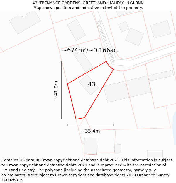 43, TRENANCE GARDENS, GREETLAND, HALIFAX, HX4 8NN: Plot and title map