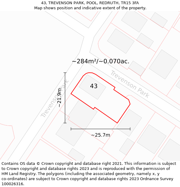 43, TREVENSON PARK, POOL, REDRUTH, TR15 3FA: Plot and title map