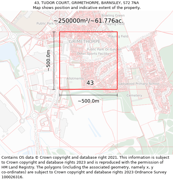 43, TUDOR COURT, GRIMETHORPE, BARNSLEY, S72 7NA: Plot and title map