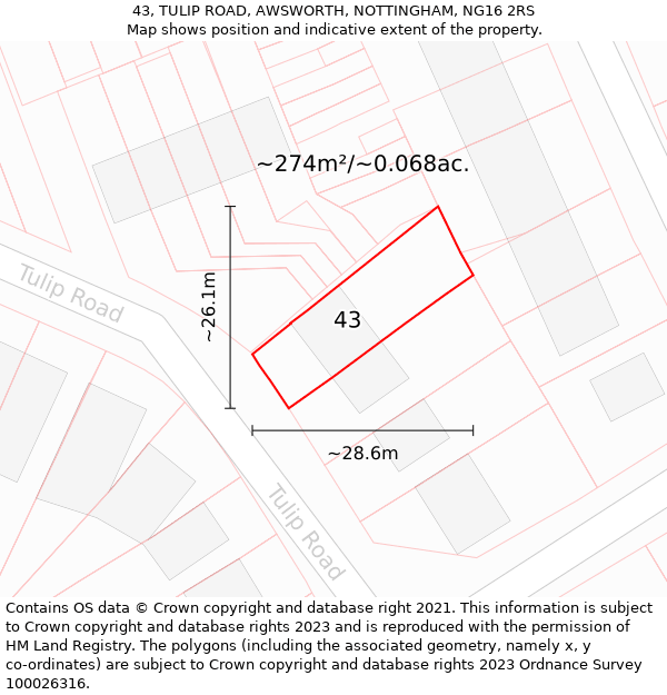 43, TULIP ROAD, AWSWORTH, NOTTINGHAM, NG16 2RS: Plot and title map