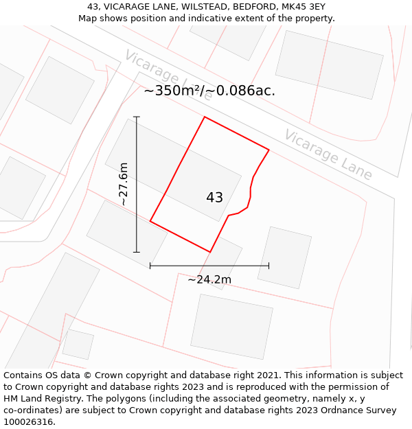 43, VICARAGE LANE, WILSTEAD, BEDFORD, MK45 3EY: Plot and title map