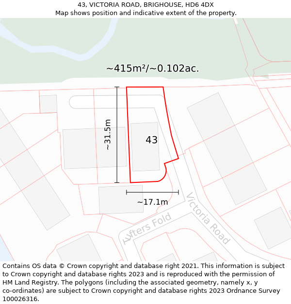 43, VICTORIA ROAD, BRIGHOUSE, HD6 4DX: Plot and title map