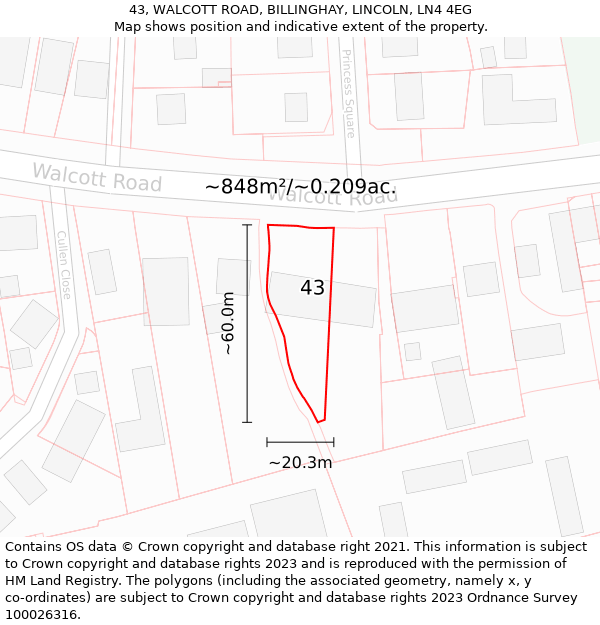 43, WALCOTT ROAD, BILLINGHAY, LINCOLN, LN4 4EG: Plot and title map