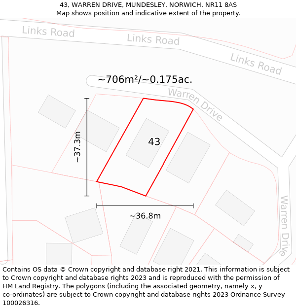 43, WARREN DRIVE, MUNDESLEY, NORWICH, NR11 8AS: Plot and title map