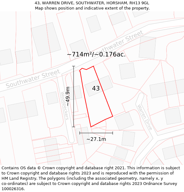 43, WARREN DRIVE, SOUTHWATER, HORSHAM, RH13 9GL: Plot and title map