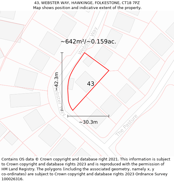 43, WEBSTER WAY, HAWKINGE, FOLKESTONE, CT18 7PZ: Plot and title map